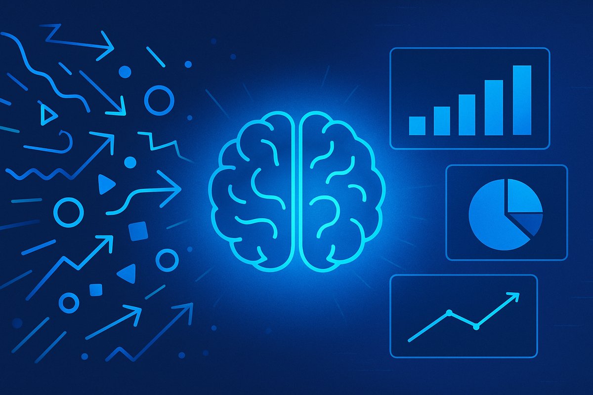 Modern illustration showing a brain processing chaotic data points and turning them into clear, actionable insights, symbolizing AI-powered market research.