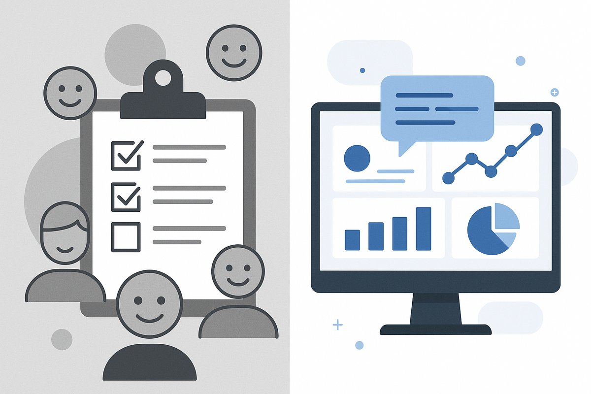 A split-screen comparison showing slow, biased traditional market research on one side and fast, accurate AI-powered analysis of customer feedback on the other.