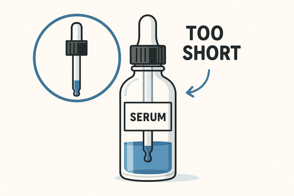 A clean illustration of a skincare serum bottle with a poorly designed dropper that can't reach the bottom, representing a real customer pain point discovered through AI analysis.