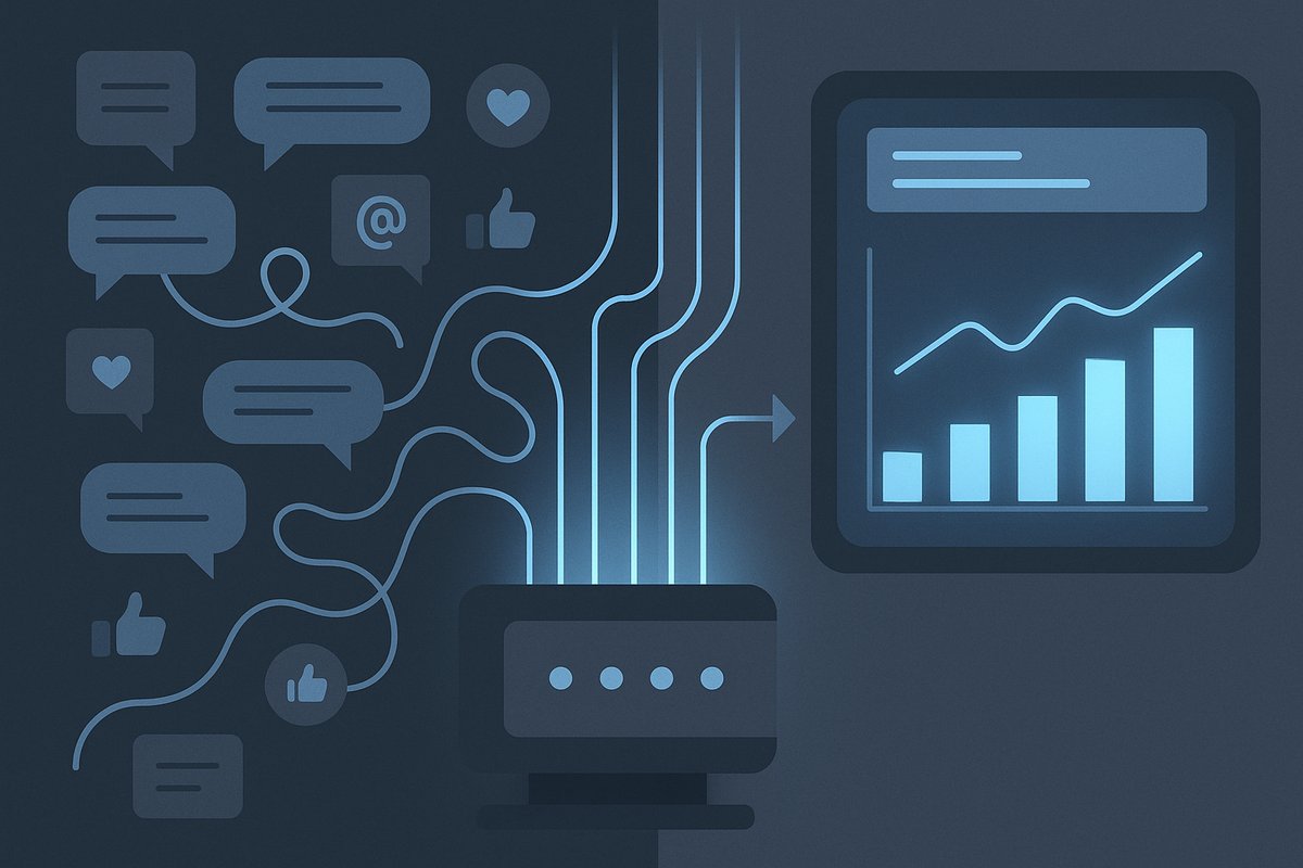 A modern illustration showing chaotic data streams transforming into a clear, structured business insight graph, symbolizing B2B market research on Reddit.