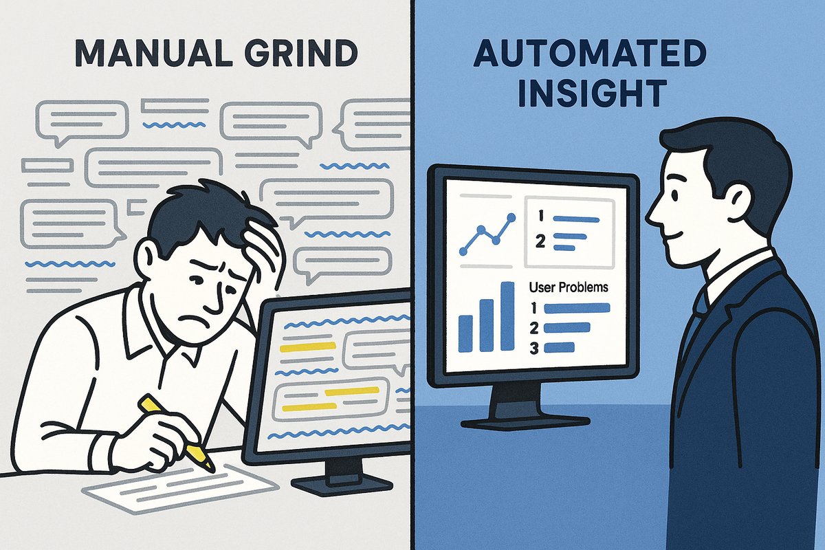 A split-screen illustration comparing manual market research (a cluttered, stressful desk) with automated AI analysis (a clean dashboard with clear insights).